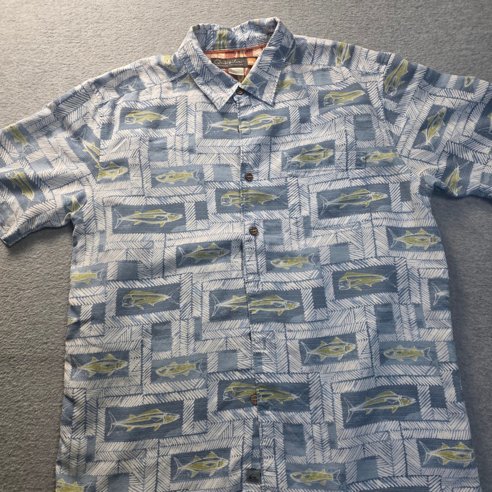 Quiksilver Waterman Shirt Mens Large Blue Fish Print Button Down‎ Casual Fit